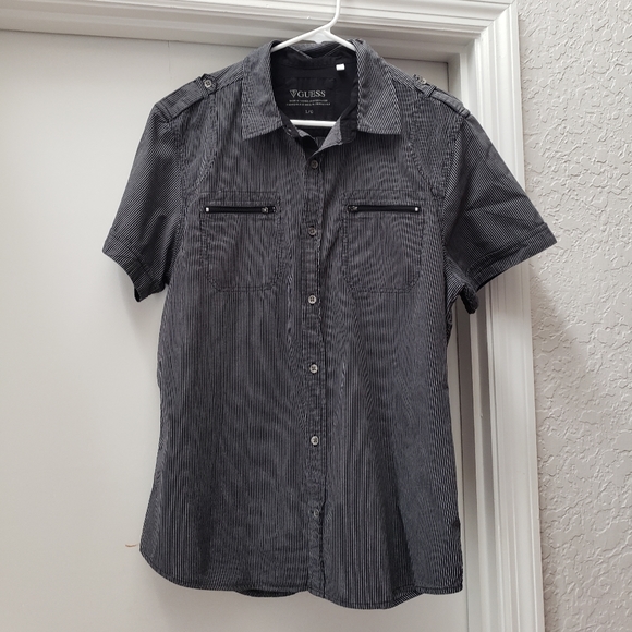 Mens Guess Striped Button Down Shirt with Pockets - Picture 3 of 8
